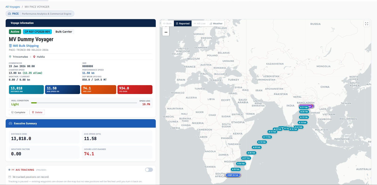 PACE voyage information page — MV Dummy Voyager active voyage with distance, average speed, hours lost, IFO over-consumption, hull condition, executive summary, and a live AIS tracking map