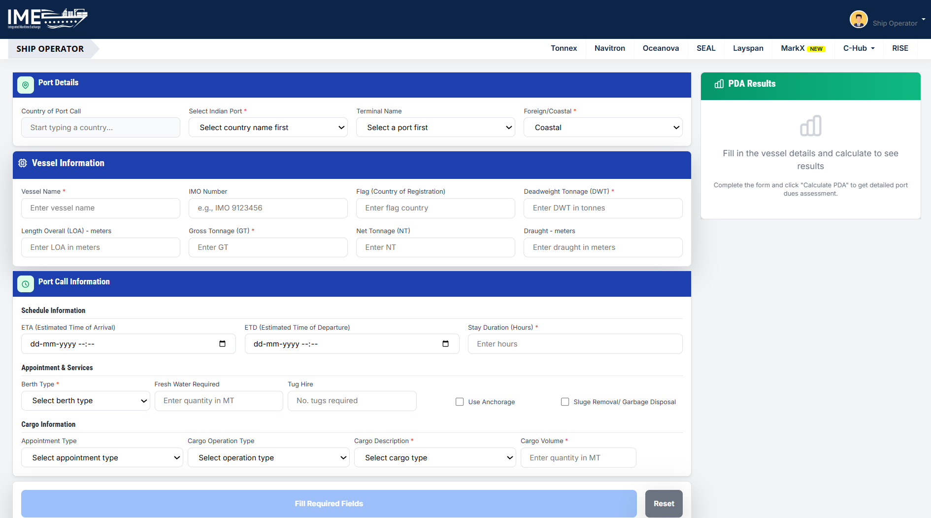 C-Hub PDA Calculator — port details, vessel information, port call information, and PDA results panel