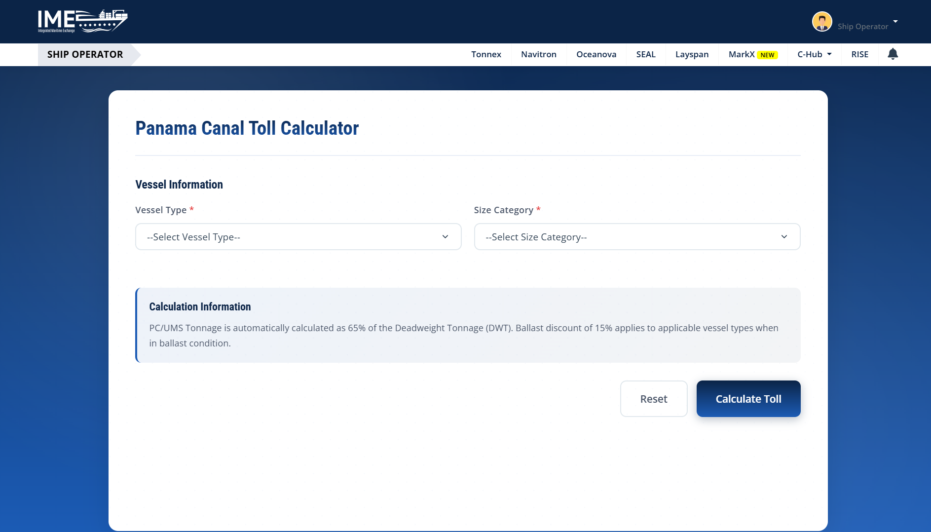 C-Hub Panama Canal Toll Calculator — vessel type, size category, and calculation details