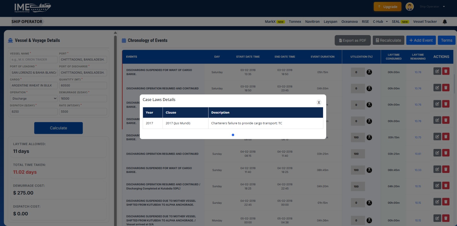 Layspan case laws reference — built-in demurrage clause library linked to chronology events
