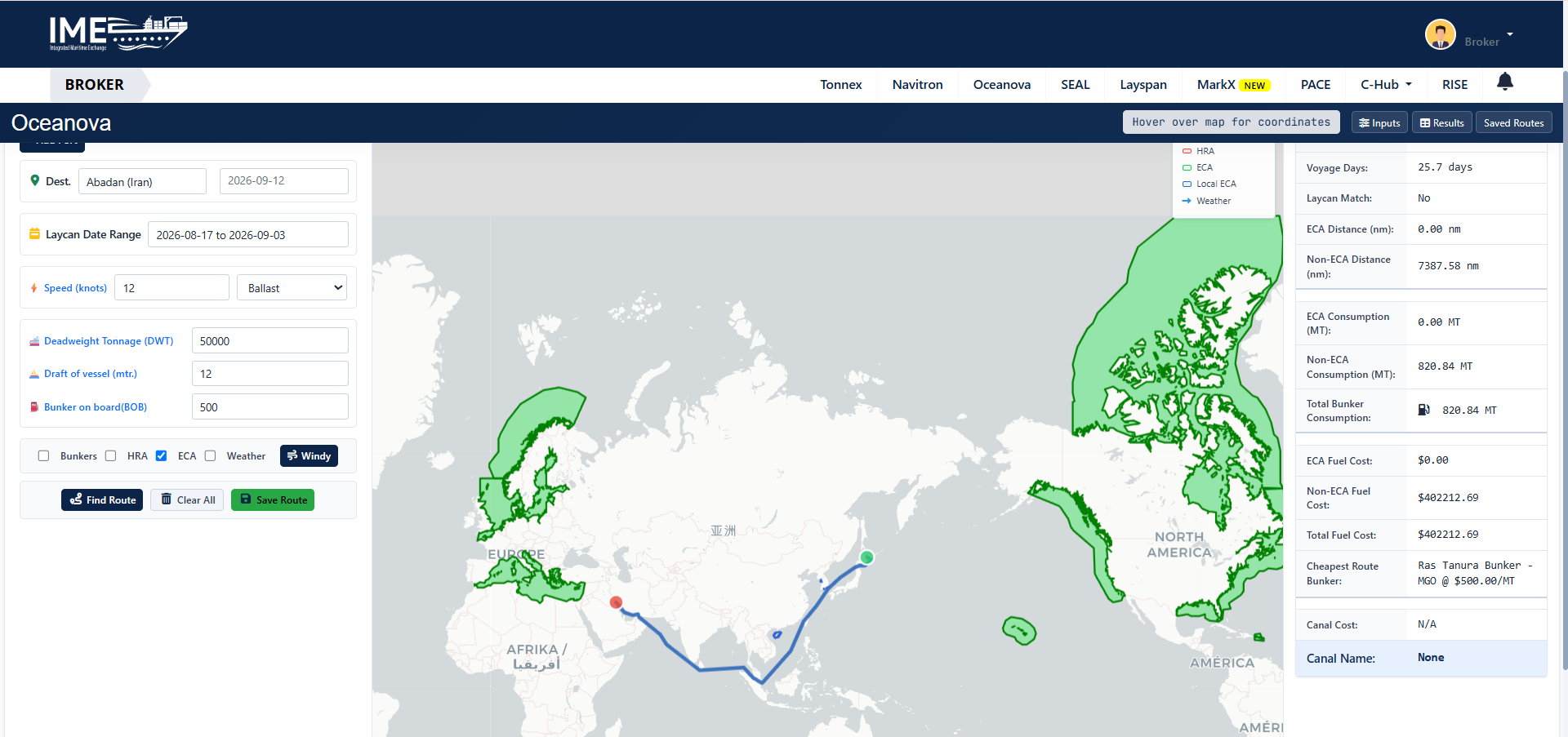 Oceanova plotted voyage route with clean map view and full results panel