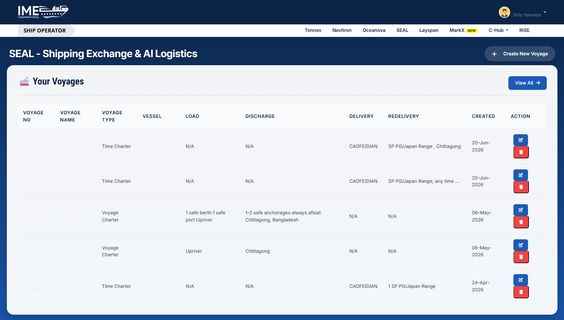 SEAL your voyages dashboard — voyage list with type, load, discharge, delivery, and redelivery details