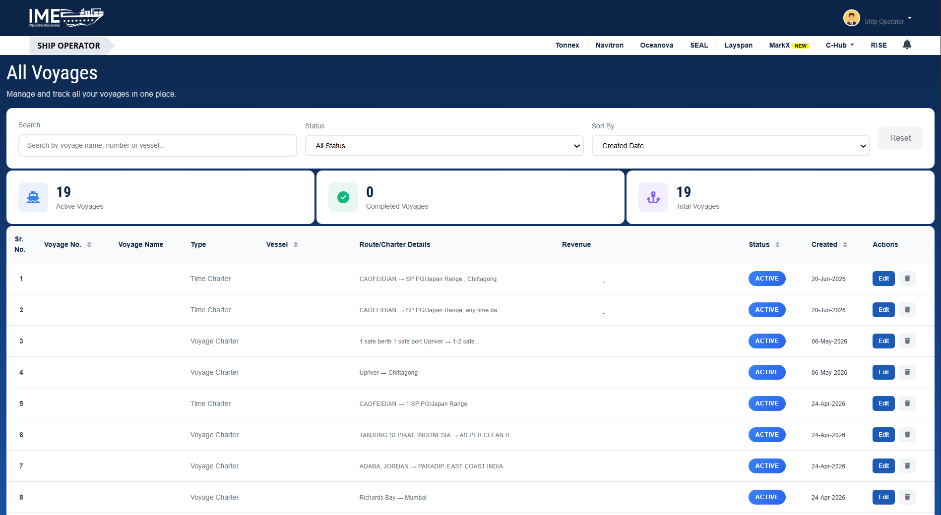 SEAL all voyages page with search, status filters, and voyage statistics