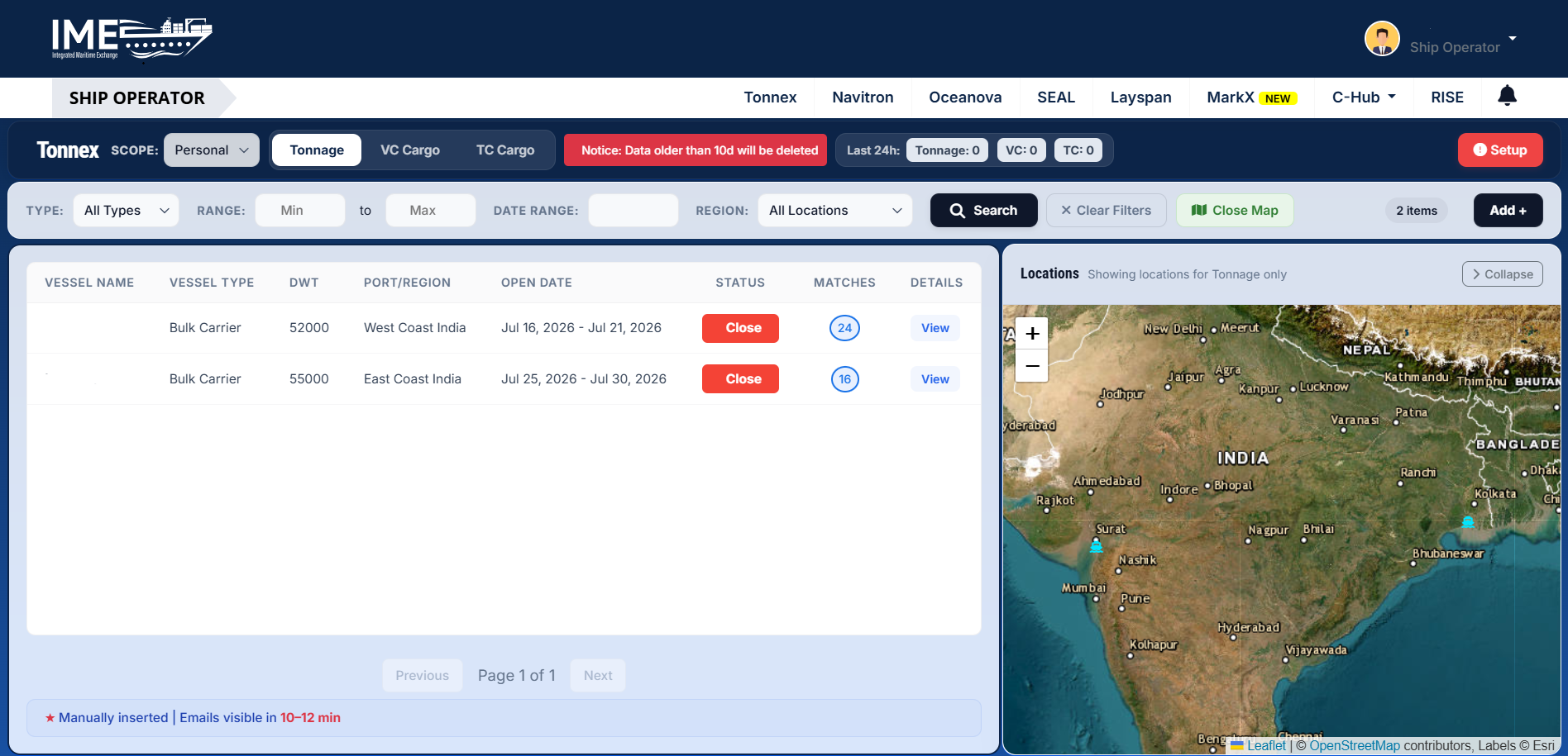 Tonnex tonnage listing table with filters and map of vessel locations