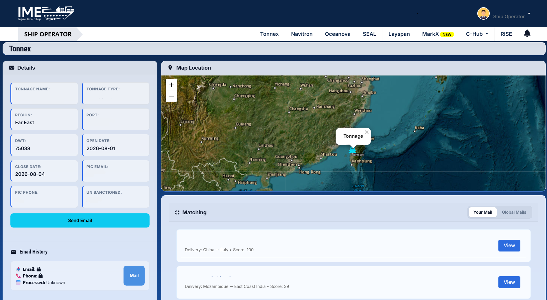 Tonnex tonnage record — vessel details, map location, and scored matches