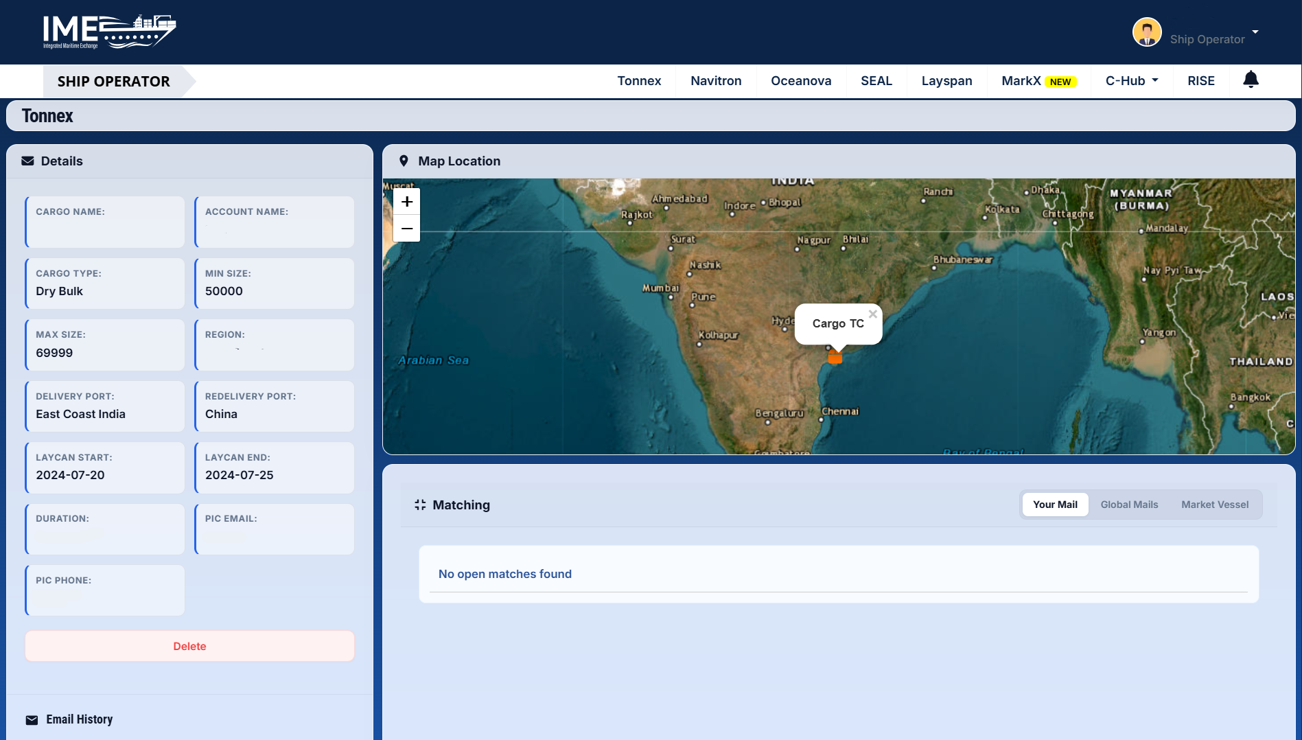 Tonnex cargo TC record — parsed details, map location, and matching panel