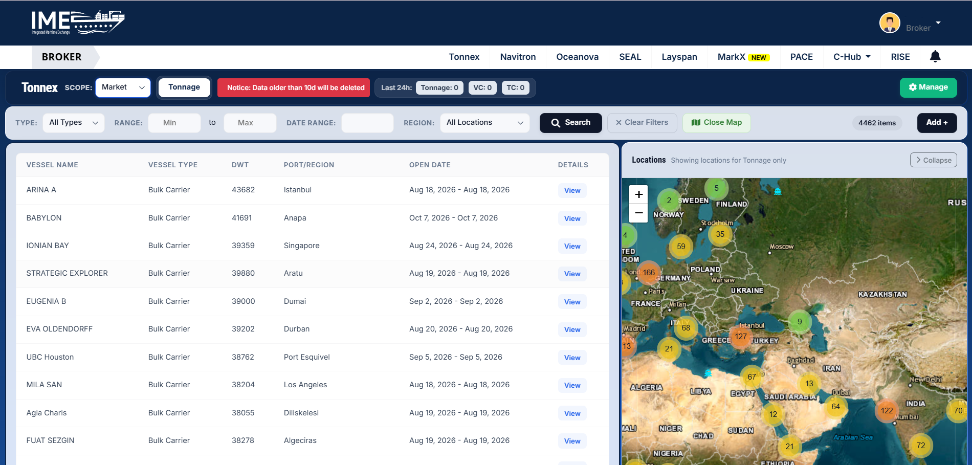 Tonnex market-wide tonnage board with global fleet map and location clusters